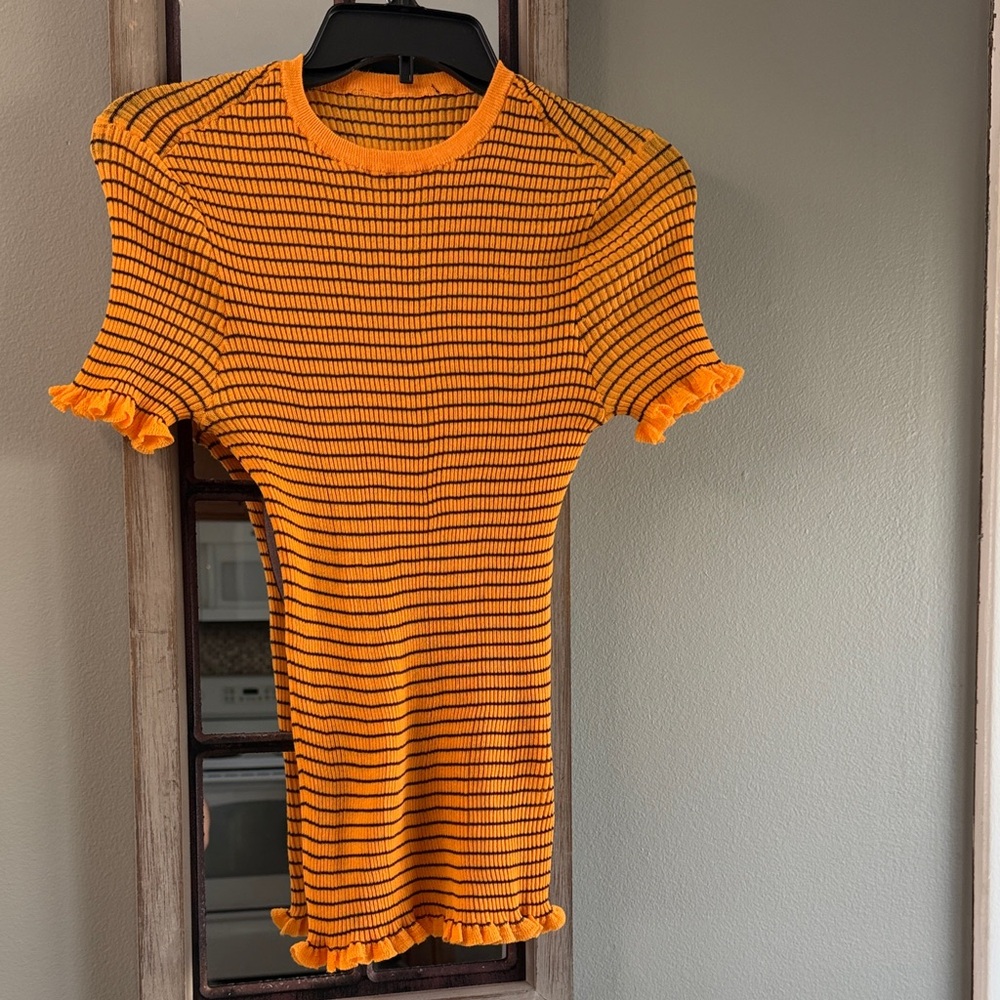 Zara Orange and Black Striped Ruffle Sleeve Tee